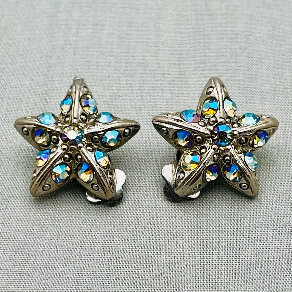 Vintage Starfish Clip On Earrings AB Rhinestone Silver Coastal Beach Mermaid